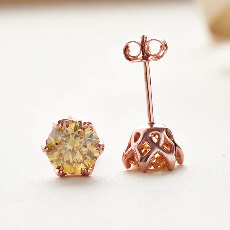 Rose Gold-Tone Colored Moissanite Six-Prong Stud Earrings — Openwork basket detail