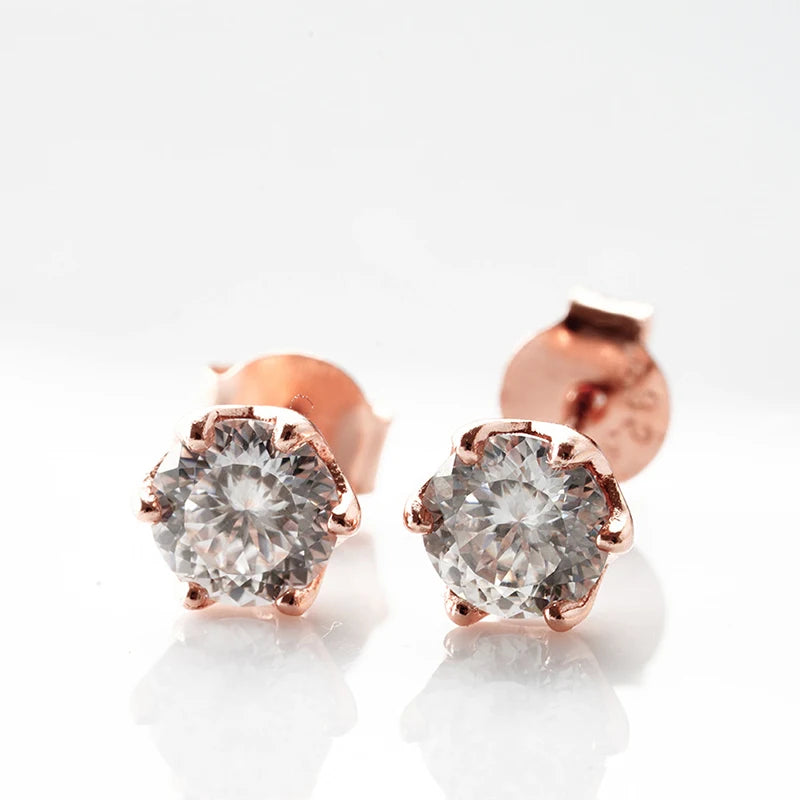 Rose Gold-Tone Colored Moissanite Six-Prong Stud Earrings — White stones