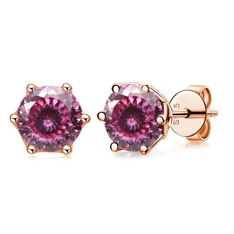 Rose Gold-Tone Colored Moissanite Six-Prong Stud Earrings — Pink 100 Cut
