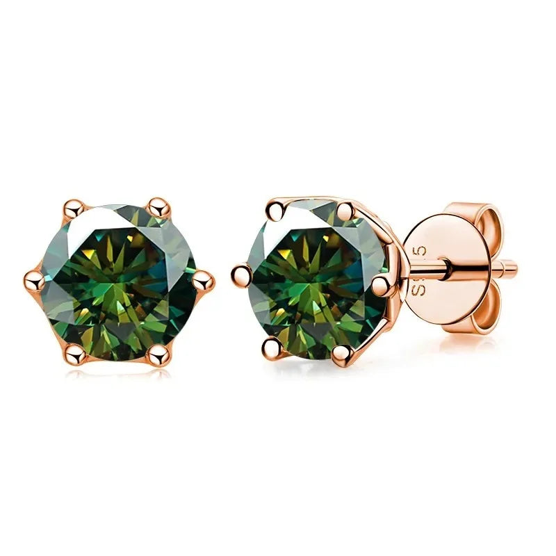 Rose Gold-Tone Colored Moissanite Six-Prong Stud Earrings — Dark green