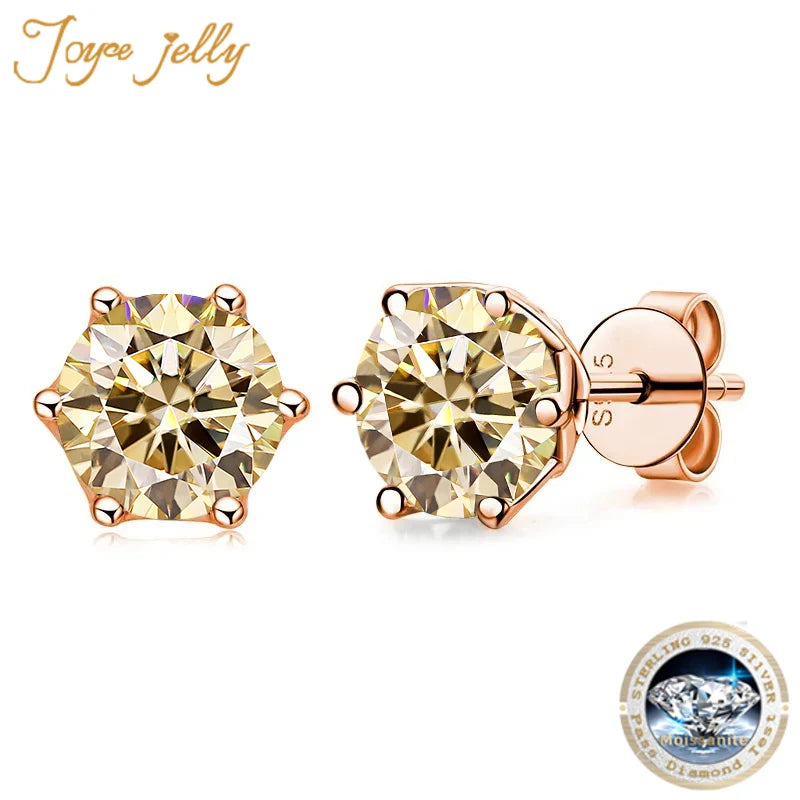 Rose Gold-Tone Colored Moissanite Six-Prong Stud Earrings — Light yellow stones