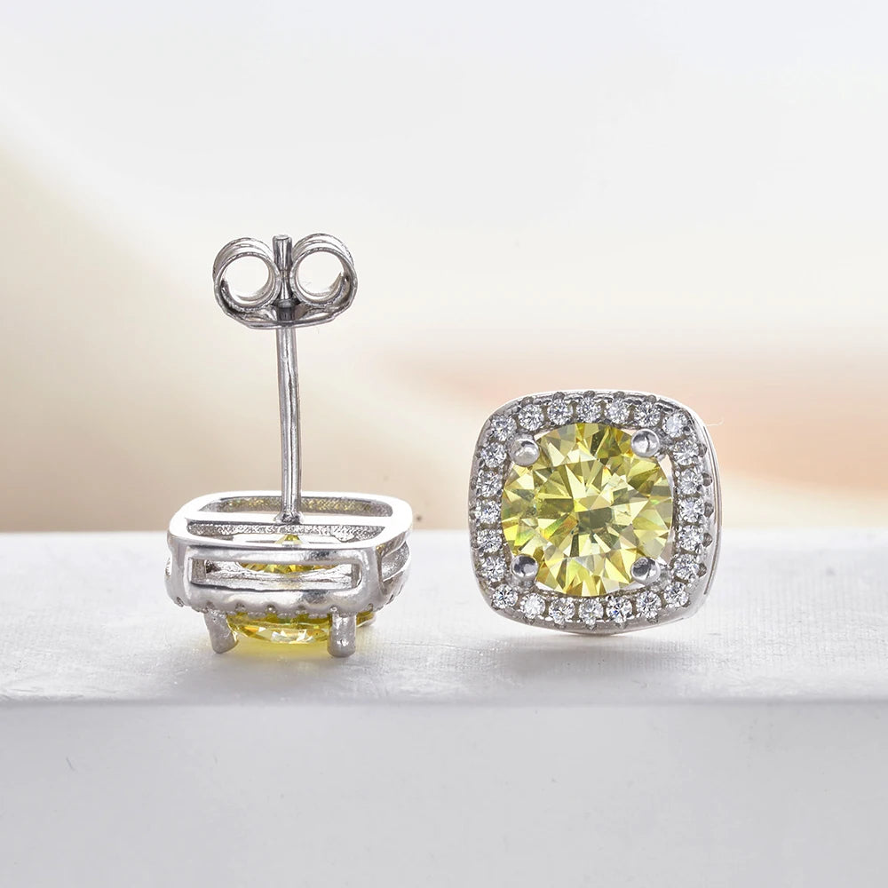Colored Cushion Halo Moissanite Stud Earrings in Silver — Yellow back detail