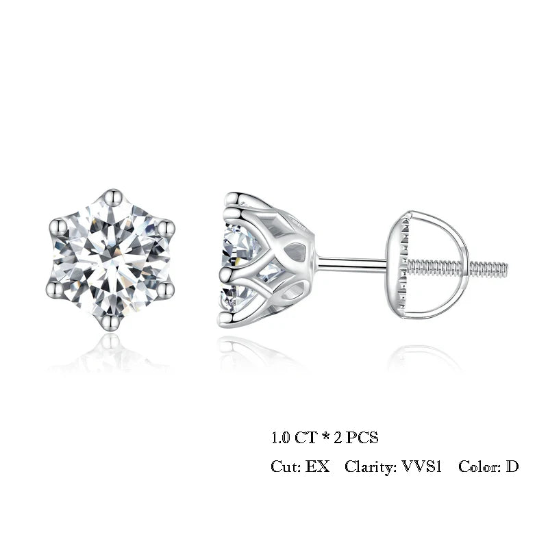 Six-Prong Moissanite Screw-Back Stud Earrings in Silver - Silver 1.0 ct option