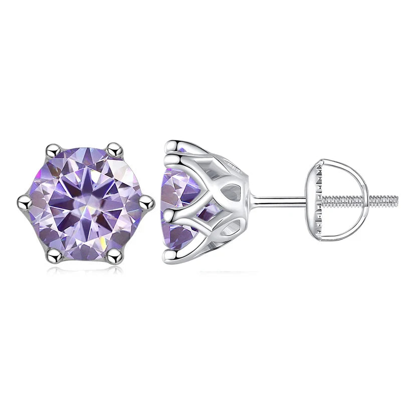 Colored Six-Prong Moissanite Screw-Back Stud Earrings — Light purple