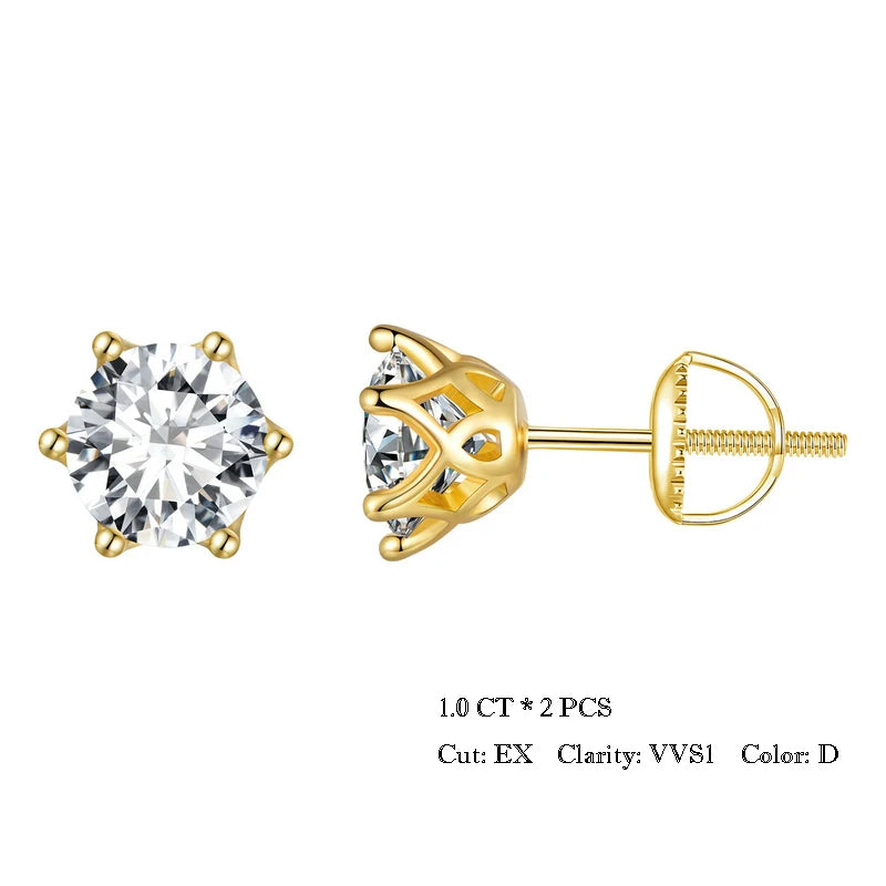 Six-Prong Moissanite Screw-Back Stud Earrings in Silver - Gold-tone 1.0 ct option