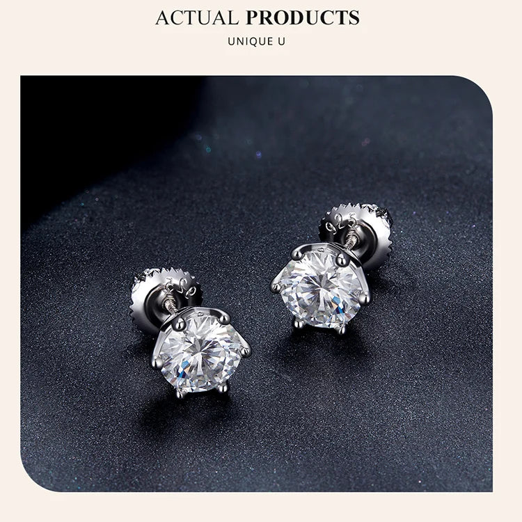 Six-Prong Moissanite Screw-Back Stud Earrings in Silver - Silver stud pair