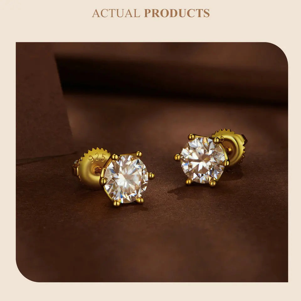 Six-Prong Moissanite Screw-Back Stud Earrings in Silver - Gold-tone stud pair