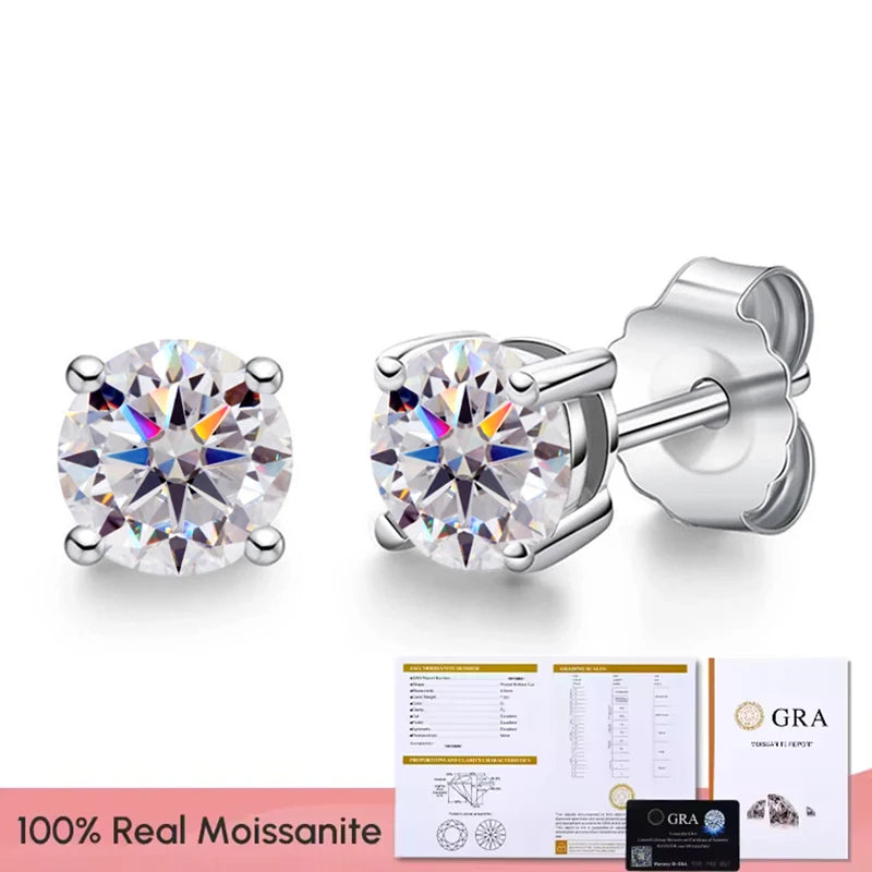 Black & White Moissanite Four-Prong Stud Earrings - white stone option
