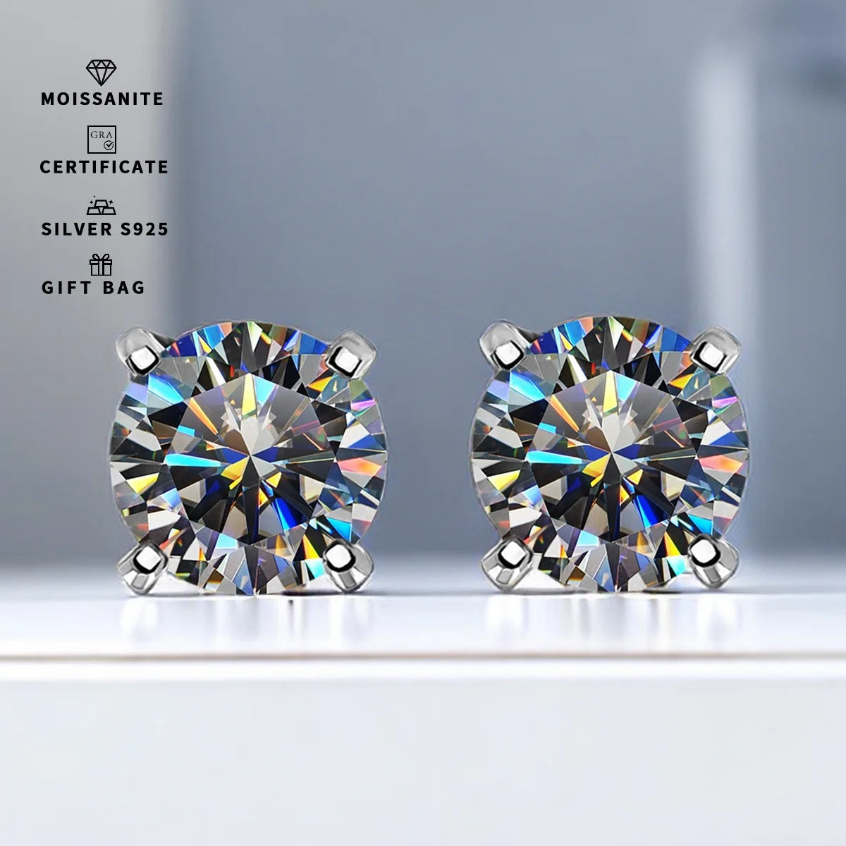 Gray Moissanite Solitaire Stud Earrings in Sterling Silver - Silver solitaire front view