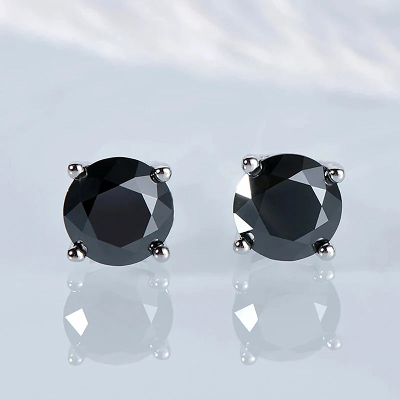 Black & White Moissanite Four-Prong Stud Earrings - black pair close-up