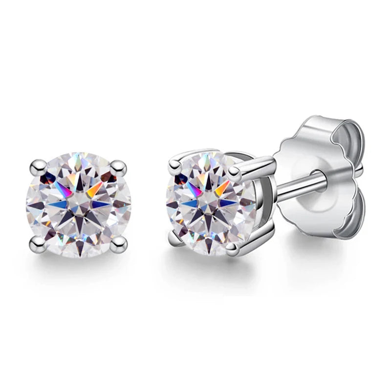 Black & White Moissanite Four-Prong Stud Earrings - white stones and butterfly backs