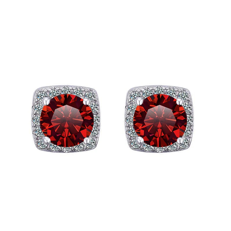 Colored Cushion Halo Moissanite Stud Earrings in Silver — Red
