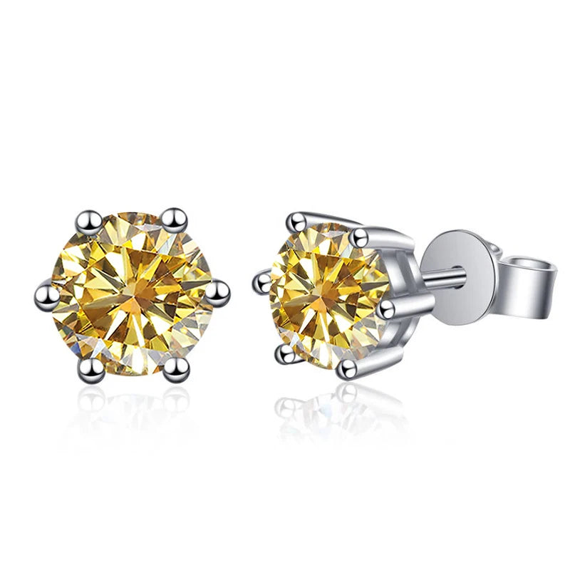 Colored Six-Prong Moissanite Stud Earrings in Sterling Silver — Golden yellow