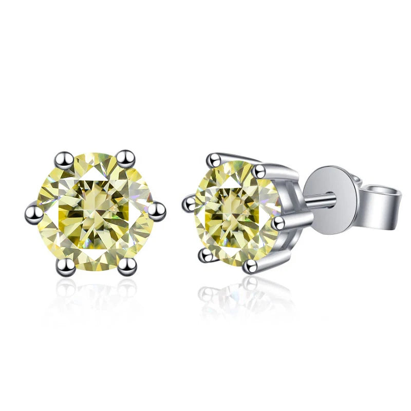 Colored Six-Prong Moissanite Stud Earrings in Sterling Silver — Lemon yellow