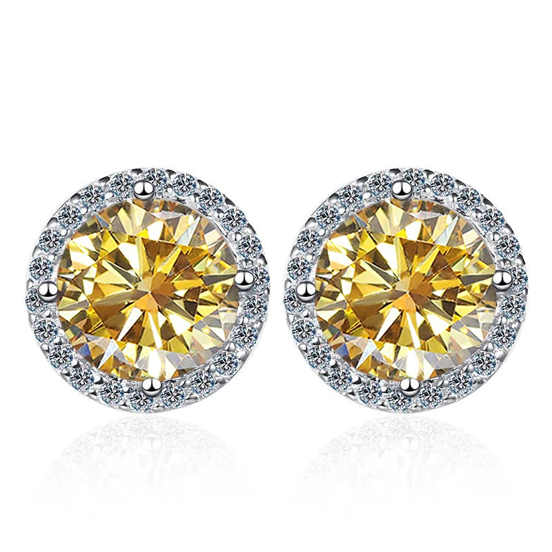 Colored Round Halo Moissanite Stud Earrings in Silver - Golden yellow centers