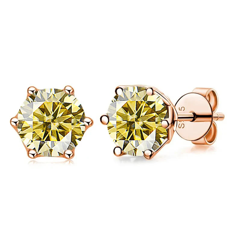 Rose Gold-Tone Colored Moissanite Six-Prong Stud Earrings — Lemon yellow
