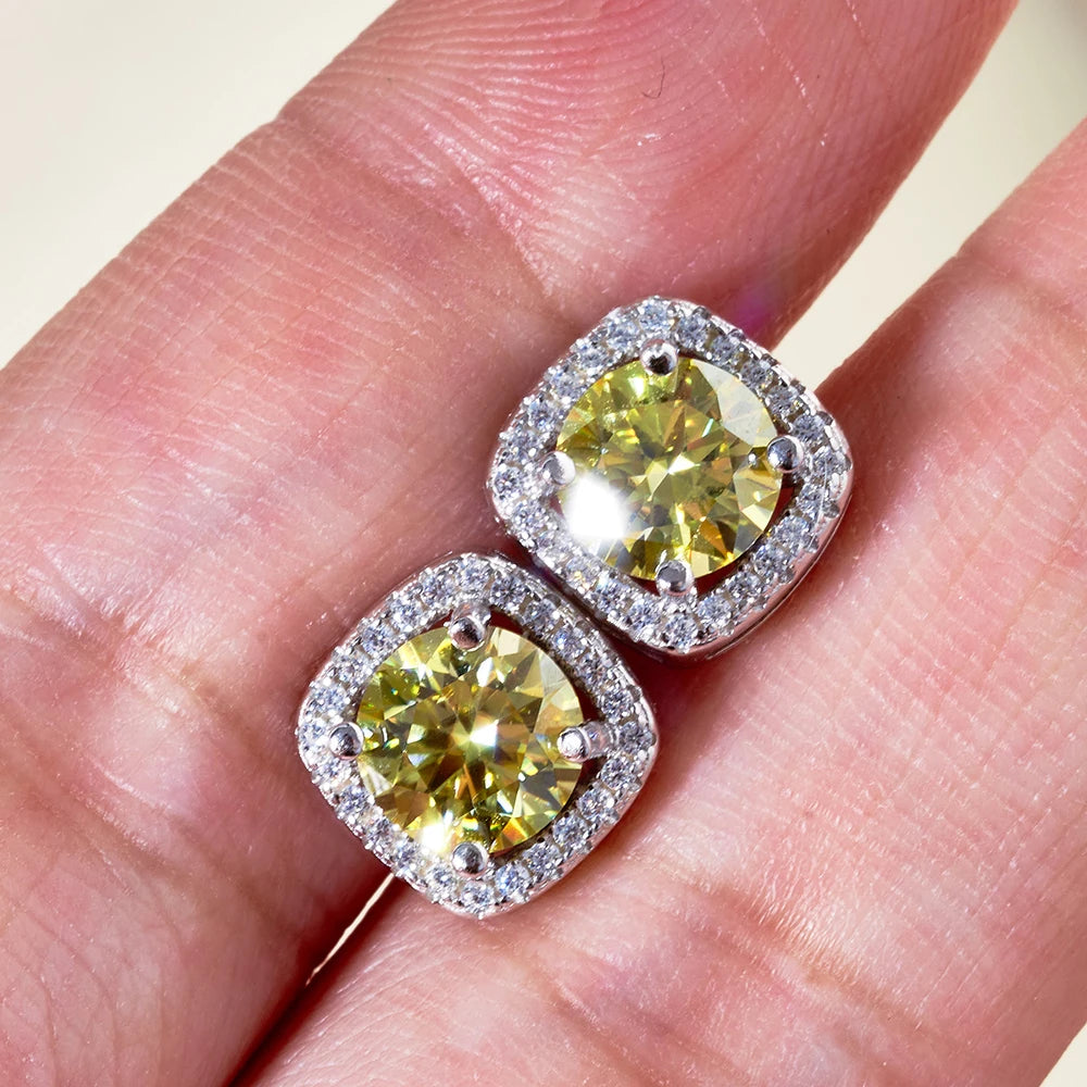 Colored Cushion Halo Moissanite Stud Earrings in Silver — Yellow on hand
