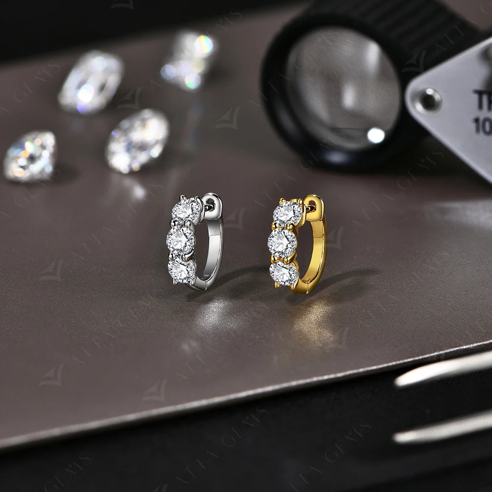 Three-Stone Moissanite Hoop Earrings in Sterling Silver — Finish comparison