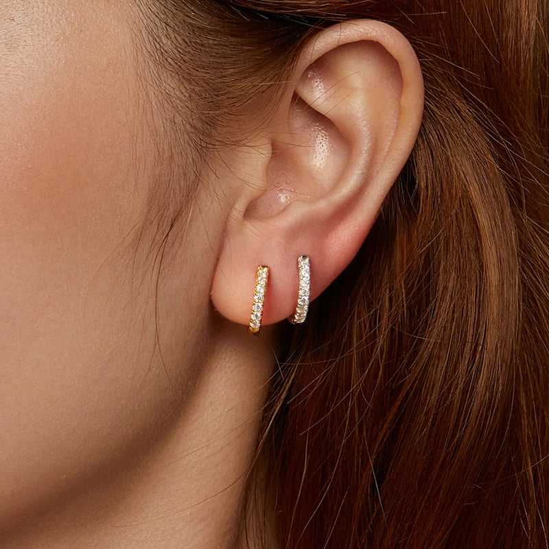 Inside-Out Moissanite Huggie Hoop Earrings in Sterling Silver — Both finishes worn on the ear