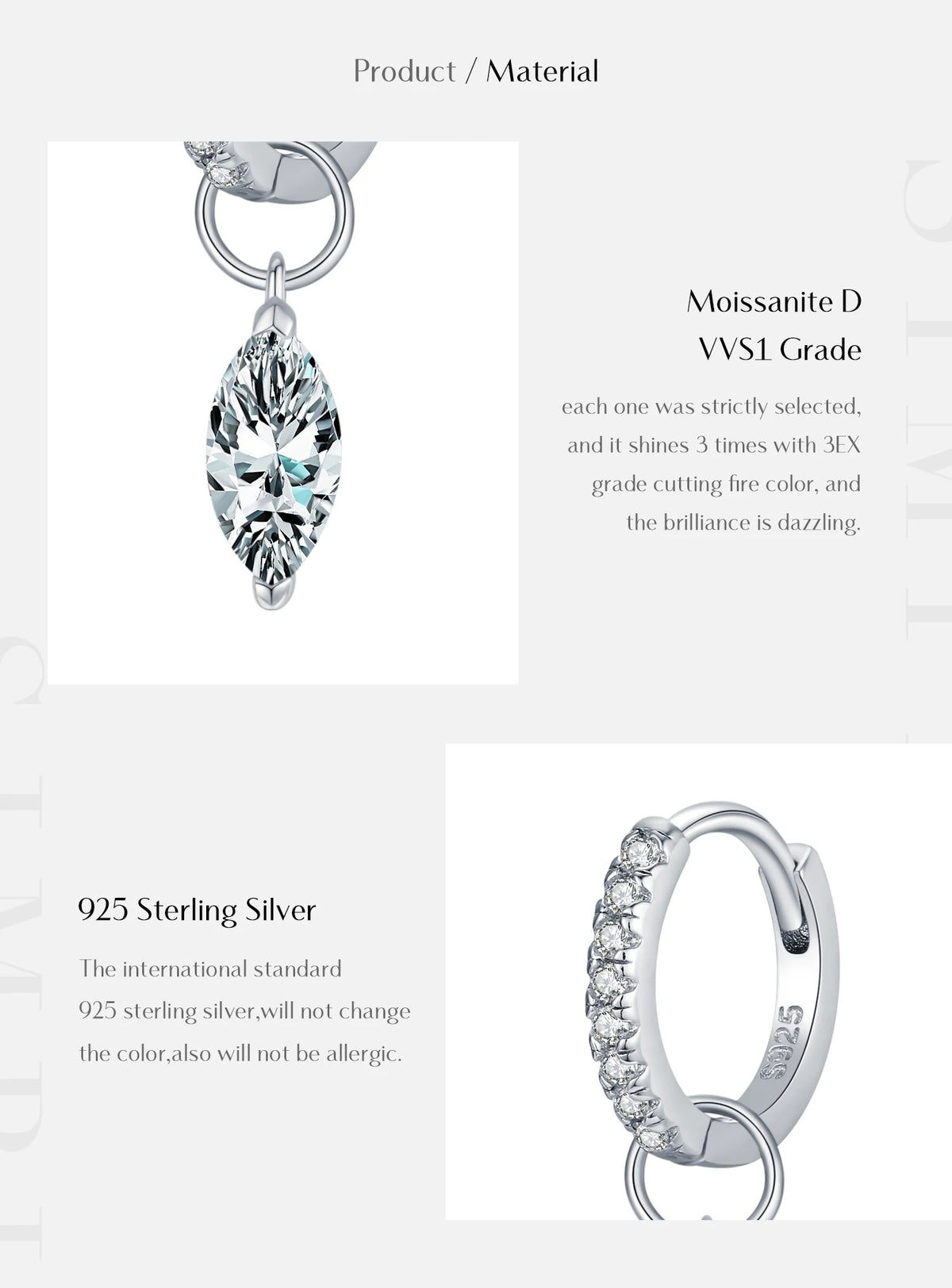 Marquise Moissanite Drop Hoop Earrings in Sterling Silver - Sterling silver setting detail
