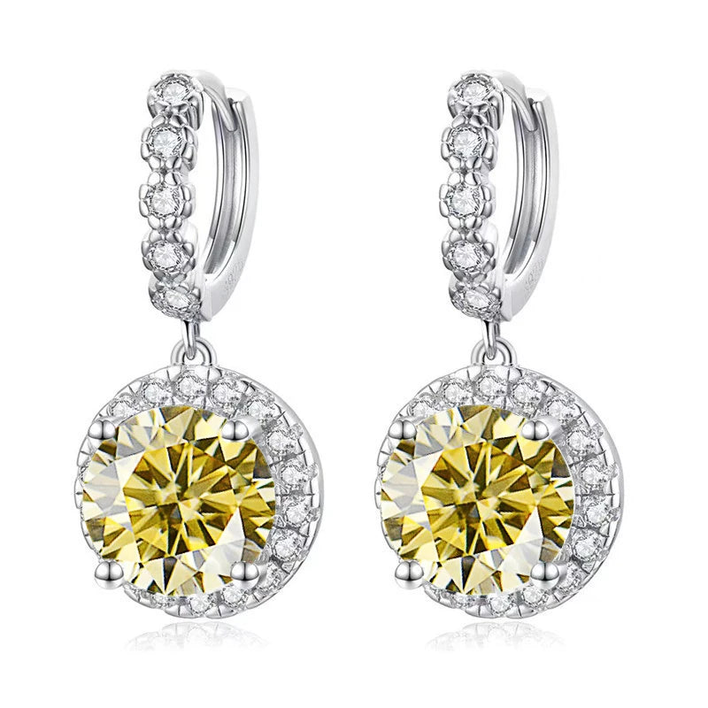 Colored Round Halo Moissanite Hoop Drop Earrings — Lemon yellow