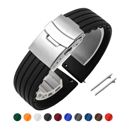 OnePlus Watch Band Silicone Rubber Strap Deployment Buckle Black Brown Green with steel clasp and backup pins.