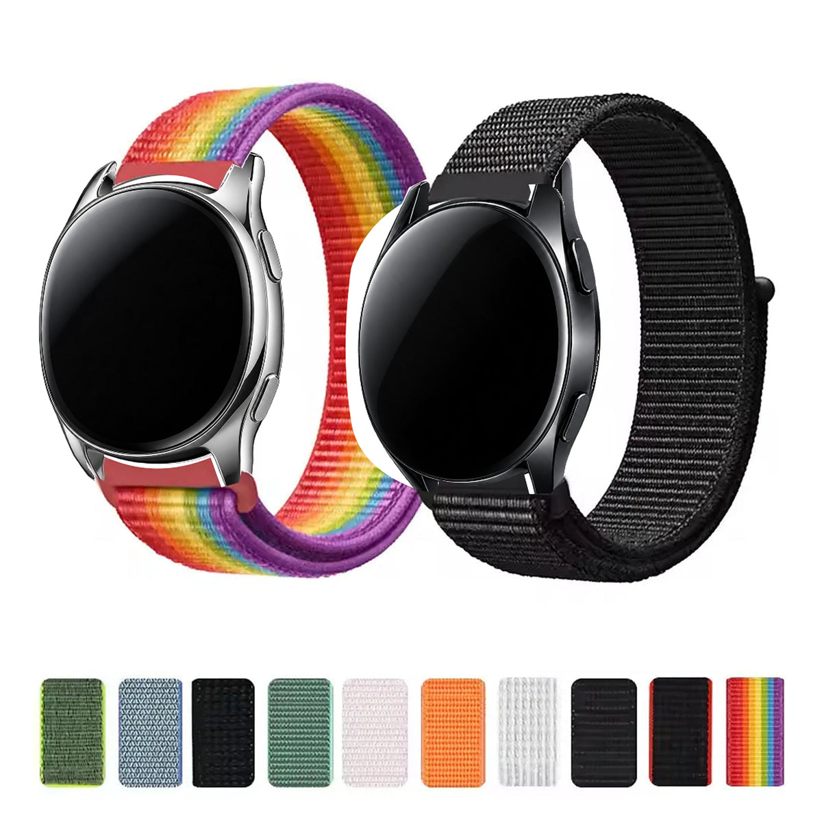 OnePlus Smartwatch Nylon Loop Band - Adjustable Velcro Sport Watch Strap in rainbow and black styles, shown with various color options.