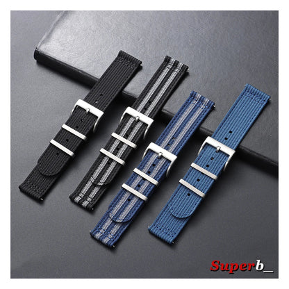 OnePlus Smartwatch Bands Ribbed Nylon Woven Canvas Fabric Quick Release Watch Straps in black and blue colors.