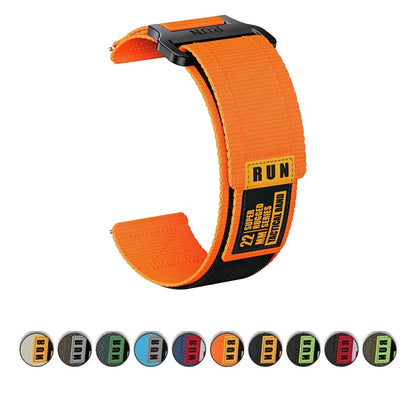 OnePlus Smartwatch Bands Nylon Sport Loop Woven Watch Strap Bracelet in orange and black with round watch face.