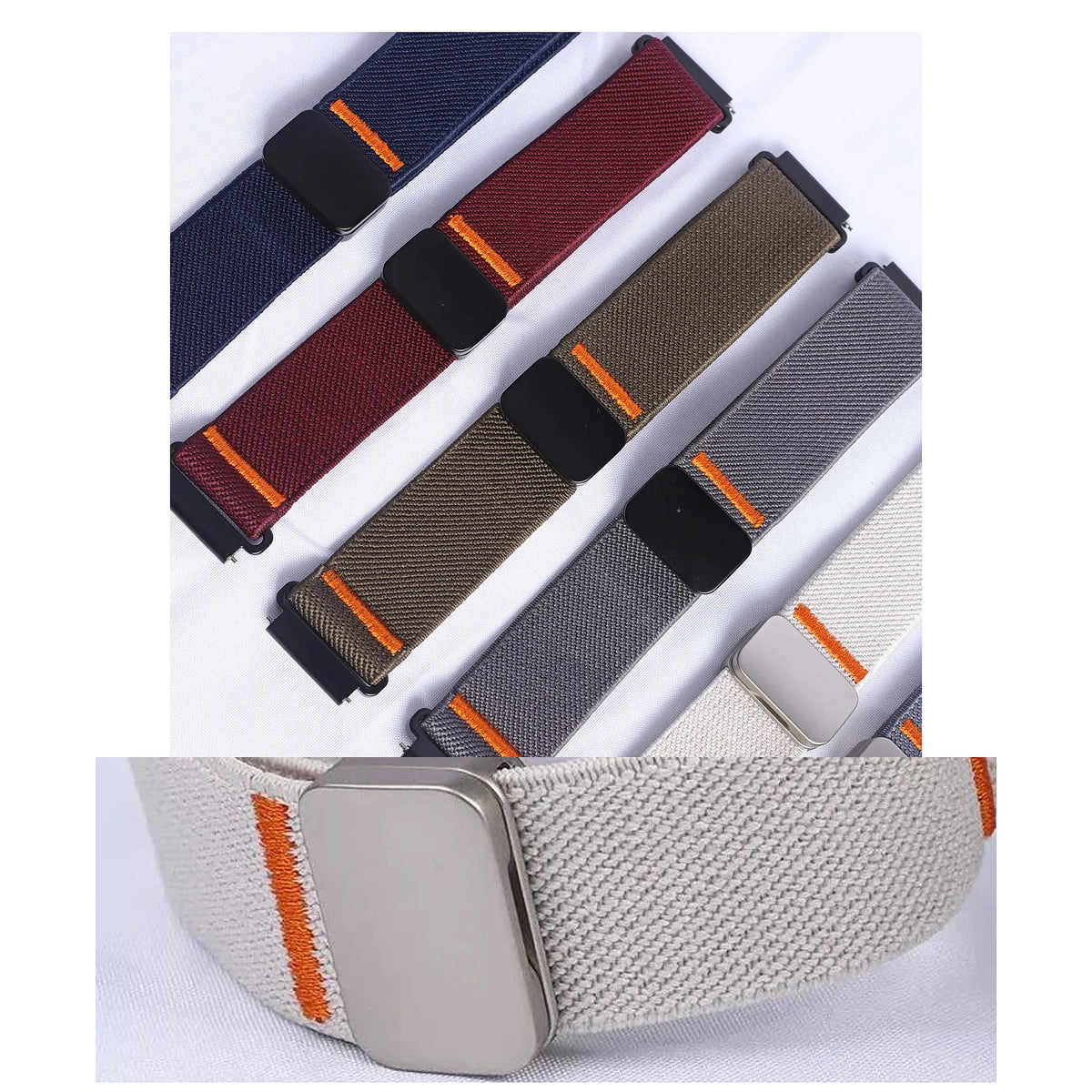 OnePlus Smartwatch Nylon Band Adjustable Solo Loop Wrist Strap on smartwatch, showcasing soft fabric and sleek design.
