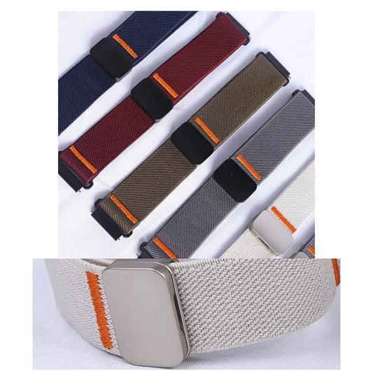 OnePlus Smartwatch Nylon Band Adjustable Solo Loop Wrist Strap on smartwatch, showcasing soft fabric and sleek design.