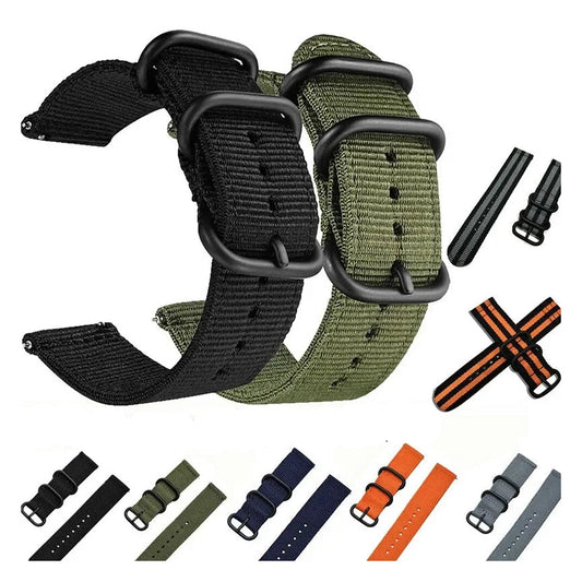 OnePlus Watch Bands Nylon Fabric Sport Strap Replacement Wristband in black and olive green on display.