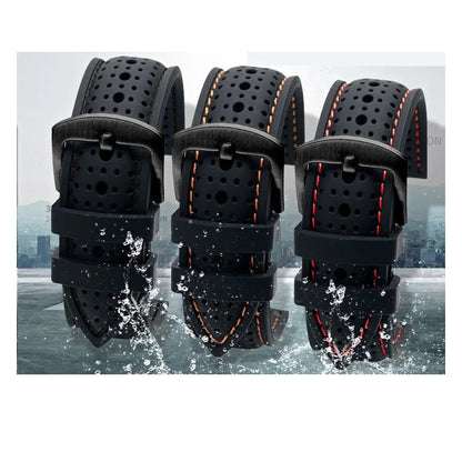 OnePlus Smartwatch Bands Soft Silicone Waterproof Sports Watch Strap in black with perforated design and contrasting stitching.