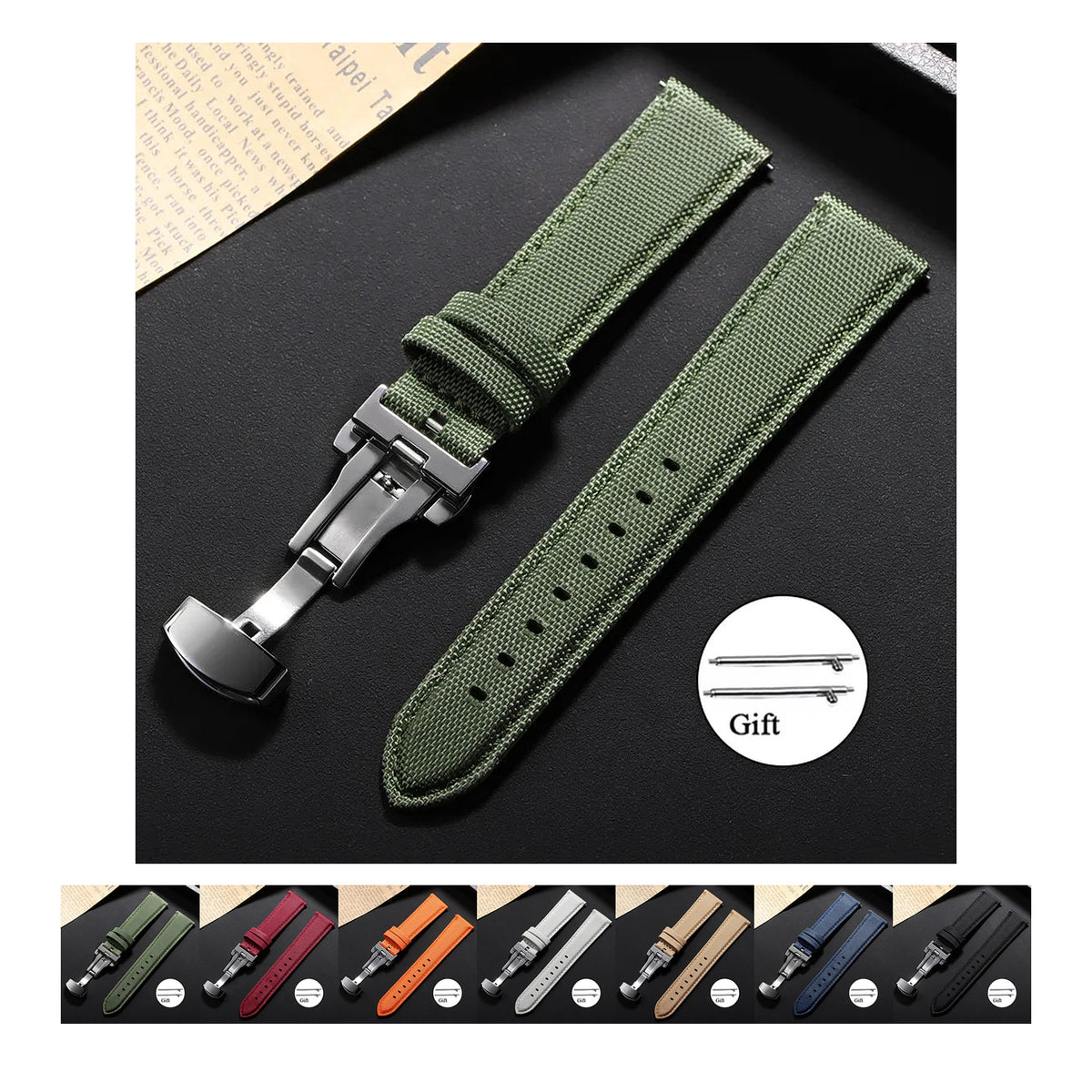 OnePlus Smartwatch Bands Quick Release Sailcloth Nylon Watch Straps displayed with a green watch and various colored straps.