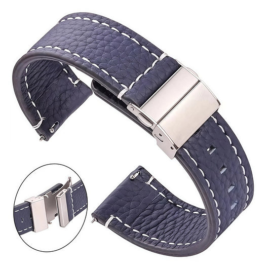 OnePlus Leather Watch Band, Pin Buckle Strap for Men Women, 20cm Wristband in navy blue leather.