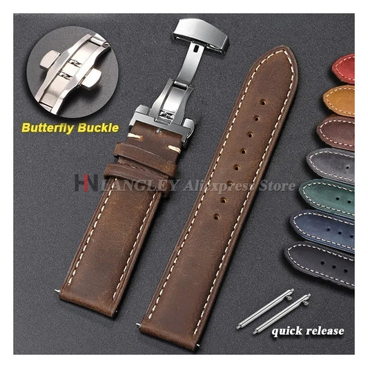 OnePlus Smartwatch Genuine Leather Band - Brown Butterfly Buckle Strap featuring butterfly buckle design and quick release.