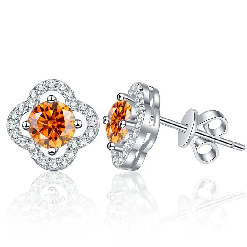 Colored Clover Halo Moissanite Stud Earrings in Sterling Silver — Orange