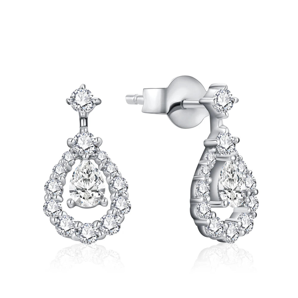 Pear Moissanite Halo Drop Earrings in Sterling Silver — Silver Tone — BandsCo Straps