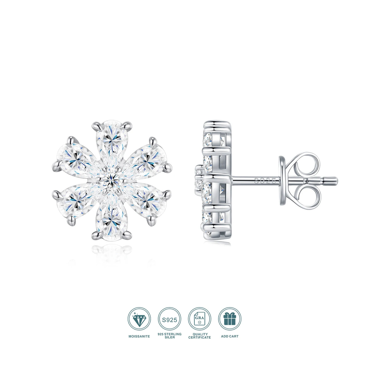 Snowflake Moissanite Cluster Stud Earrings in Sterling Silver — Snowflake cluster front and side
