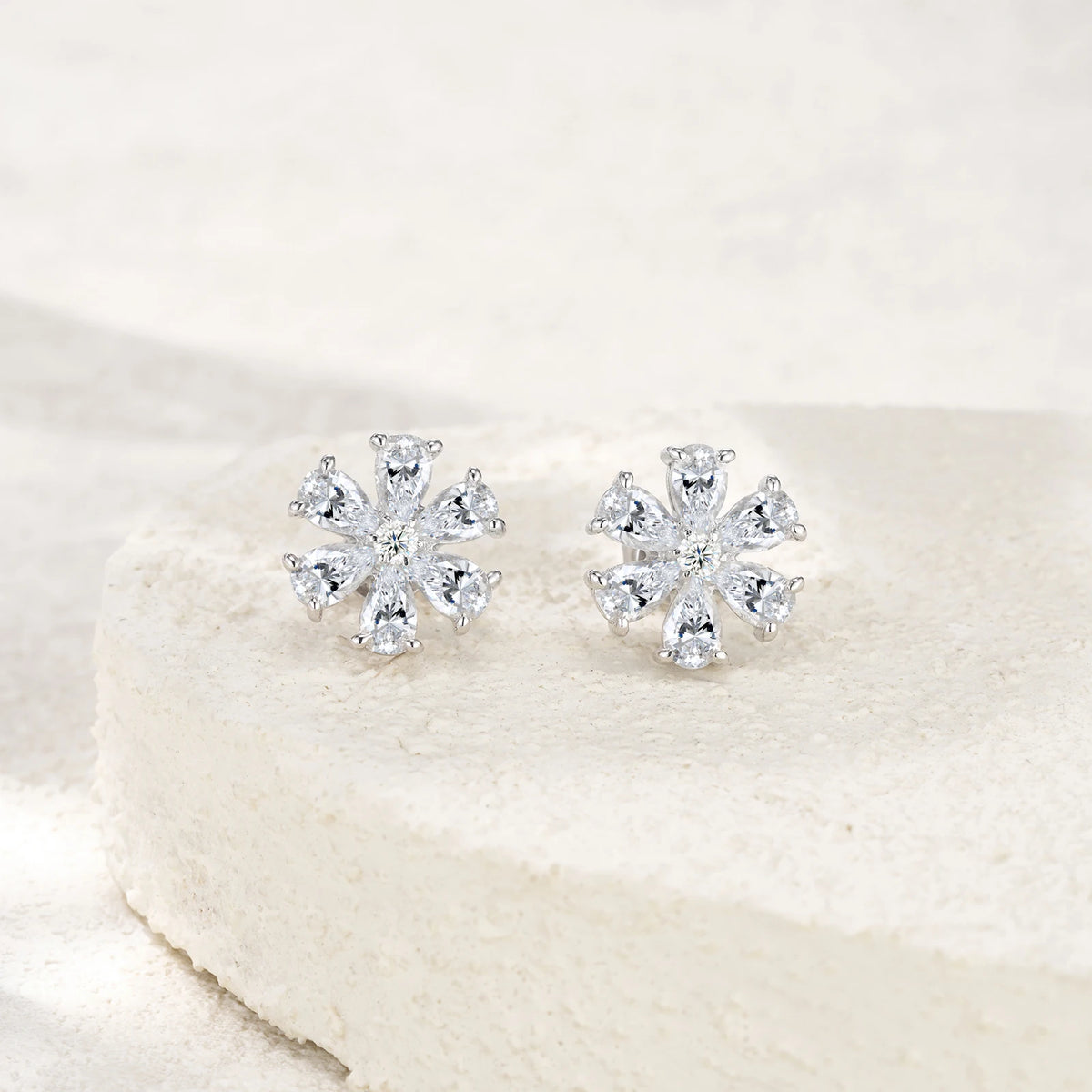 Snowflake Moissanite Cluster Stud Earrings in Sterling Silver — Snowflake stud pair