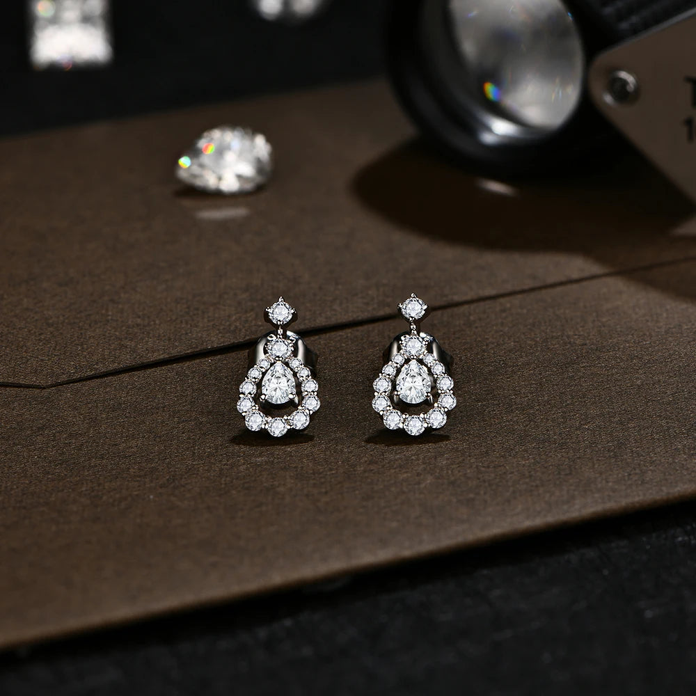 Pear Moissanite Halo Drop Earrings in Sterling Silver — Silver-tone pear drop pair — BandsCo Straps