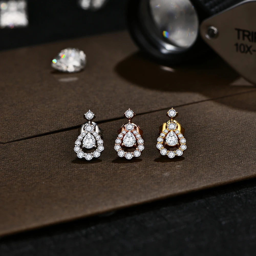 Pear Moissanite Halo Drop Earrings in Sterling Silver — Three metal finish options — BandsCo Straps