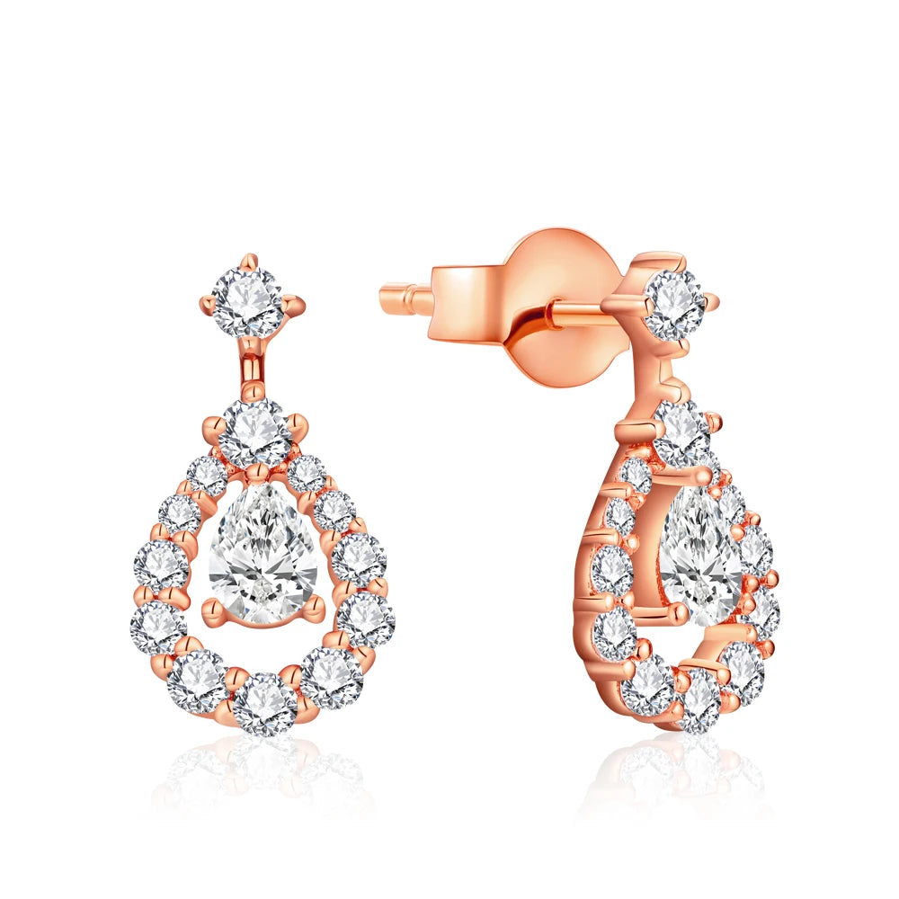 Pear Moissanite Halo Drop Earrings in Sterling Silver — Rose Gold Tone — BandsCo Straps