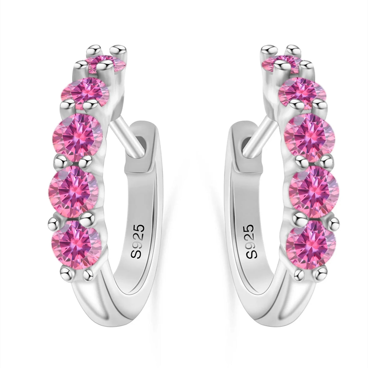 Colorful Five-Stone Moissanite Hoop Earrings in Sterling Silver — Pink