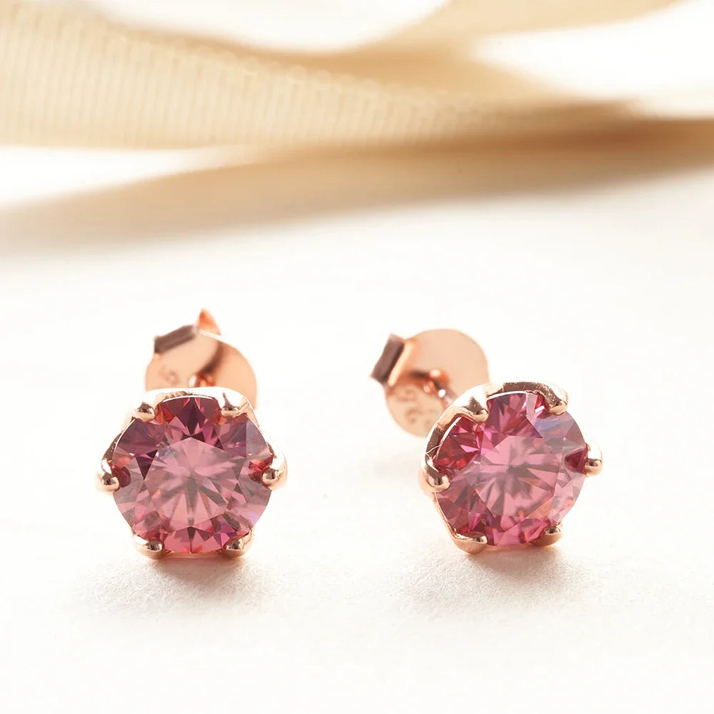 Colored Moissanite Stud Earrings in Rose Gold-Tone Silver - pink stones