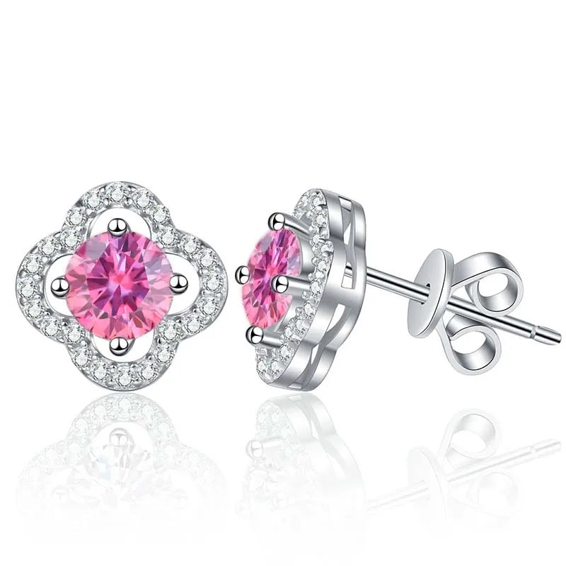 Colored Clover Halo Moissanite Stud Earrings in Sterling Silver — Pink