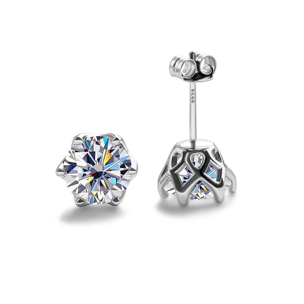 Colored Crown-Basket Moissanite Stud Earrings in Sterling Silver — White
