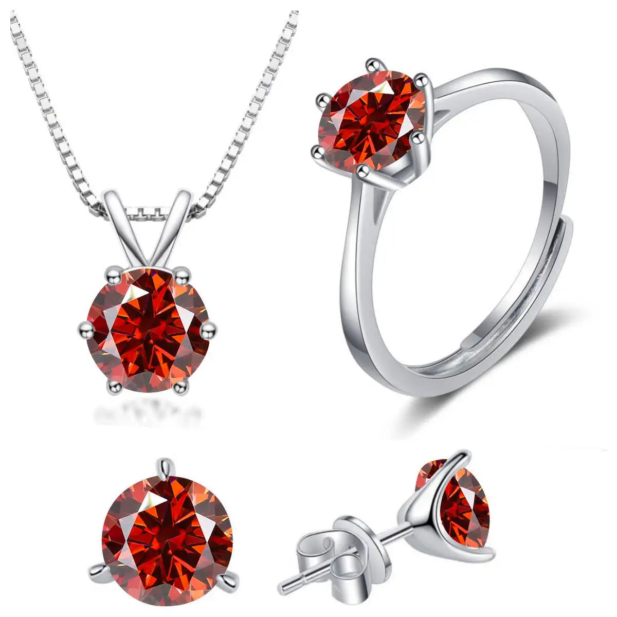 Colored Moissanite Necklace, Stud Earrings & Ring Set — Garnet red set