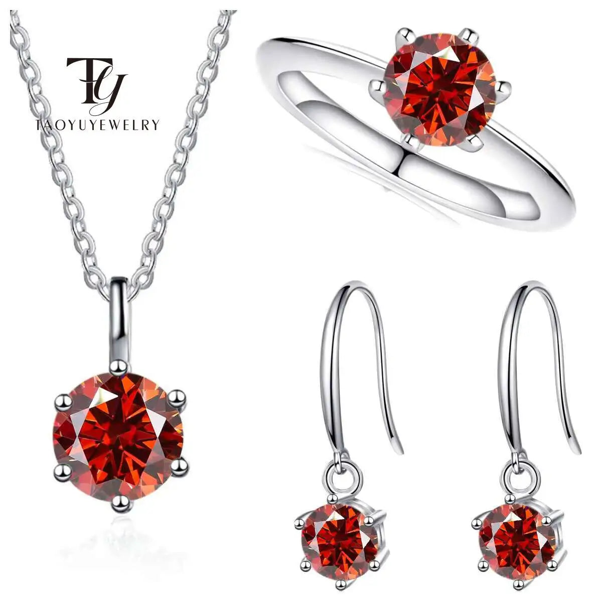 Colored Moissanite Necklace, Hook Earrings & Ring Set — Red set