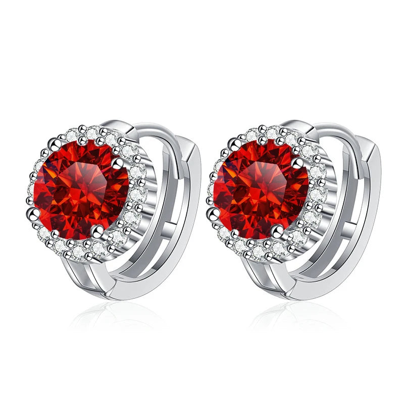 Colored Round Halo Moissanite Hoop Earrings in Silver - Red centers